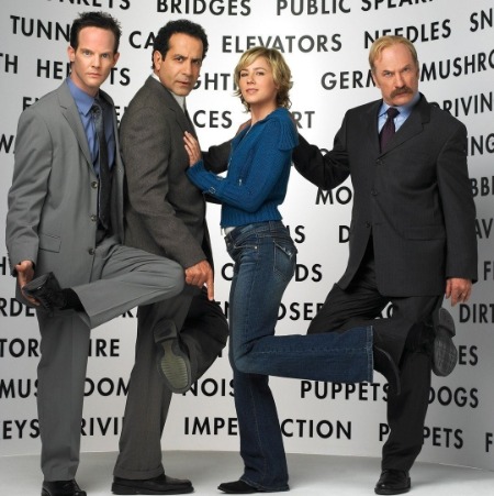 Traylor Howard with the cast members of the television series Monk. (